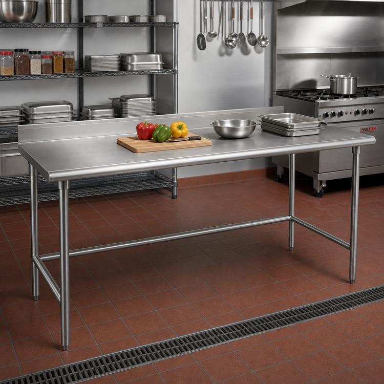 Product image #2 for Advance Tabco 144" x 24" 16-Gauge 430 Stainless Steel Work Table with 1-1/2" Rear Up-Turn and Galvanized Open Base