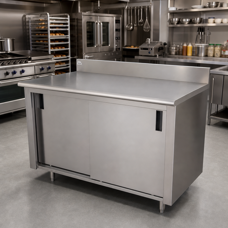 Product image #2 for Advance Tabco 96" x 24" Enclosed Work Table with Cabinet Base, Sliding Doors, 14-Gauge 304 Stainless Steel Top, and 5" Backsplash