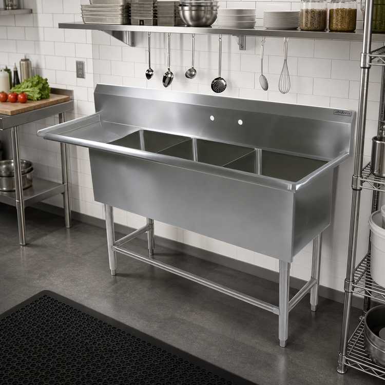 Product image #2 for John Boos Pro-Bowl 3-Compartment Sink with Left Drainboard, 18" x 24" x 14" Bowls, 14-Gauge Stainless Steel