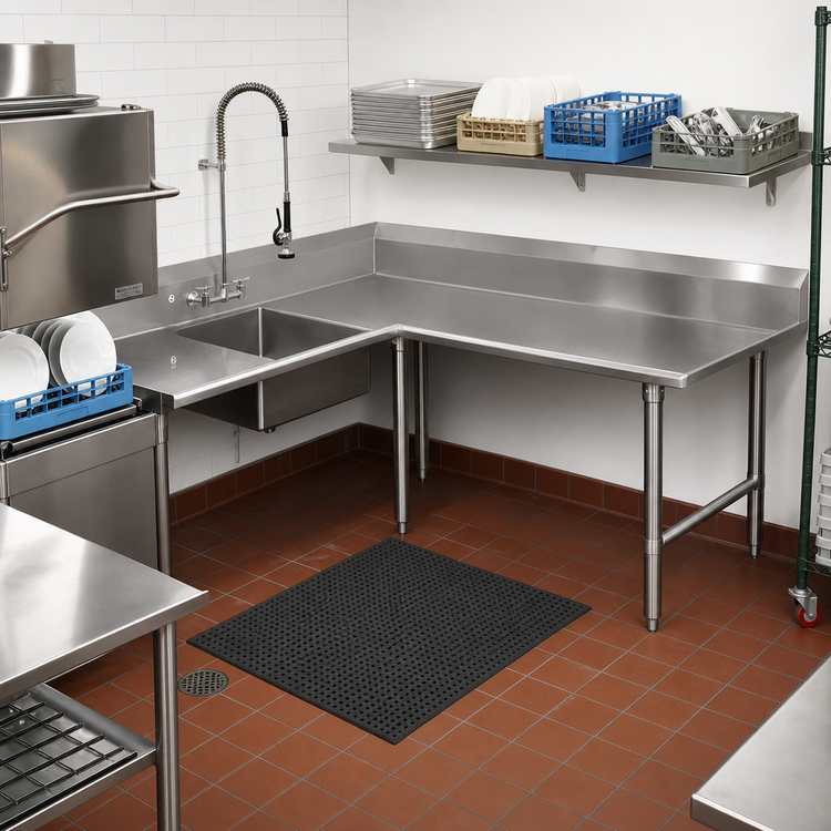 Product image #2 for John Boos Pro-Bowl L-Shaped Corner Soiled Dishtable, 84" Corner-to-End x 60" Machine-to-Corner, Right-to-Left, Single Sink Bowl, 14-Gauge 304 Stainless Steel
