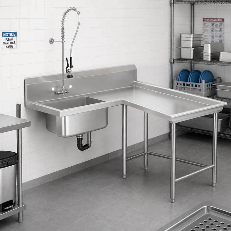 Product image #2 for Advance Tabco 143-Inch L-Shaped Island Soil Dishtable with Right-Hand Pre-Rinse Sink, 16-Gauge 304 Stainless Steel