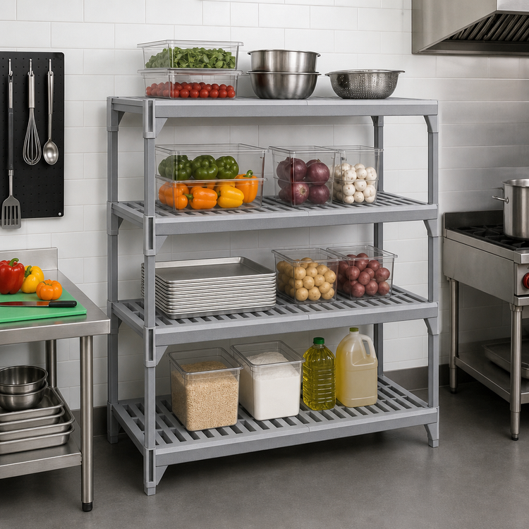 Product image #3 for Cambro Camshelving Premium 24" x 60" 4-Shelf Vented Shelf Kit, Speckled Gray