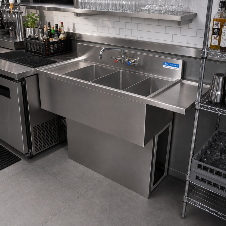 Product image #3 for BK Resources Slim-Line 3-Compartment Stainless Steel Underbar Sink with Left and Right Drainboards, 72-Inch W