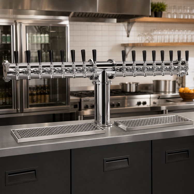 Product image #2 for Glastender Countertop Pipe Tee Draft Dispensing Tower, 14 Faucets, Glycol-Cooled, Mirror Finish