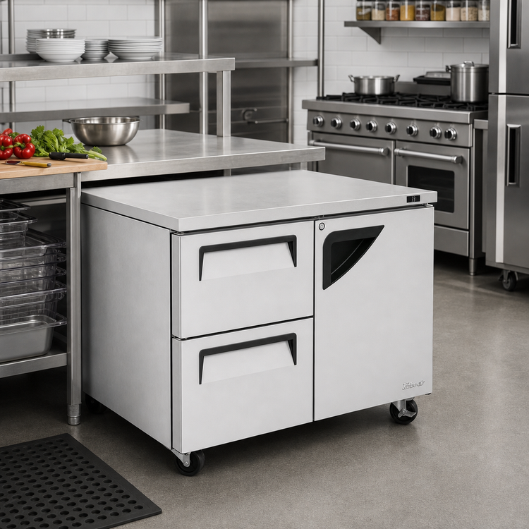 Product image #2 for Turbo Air Super Deluxe 48-1/4-Inch Two-Section Undercounter Refrigerator with Drawers and Right-Hinged Door