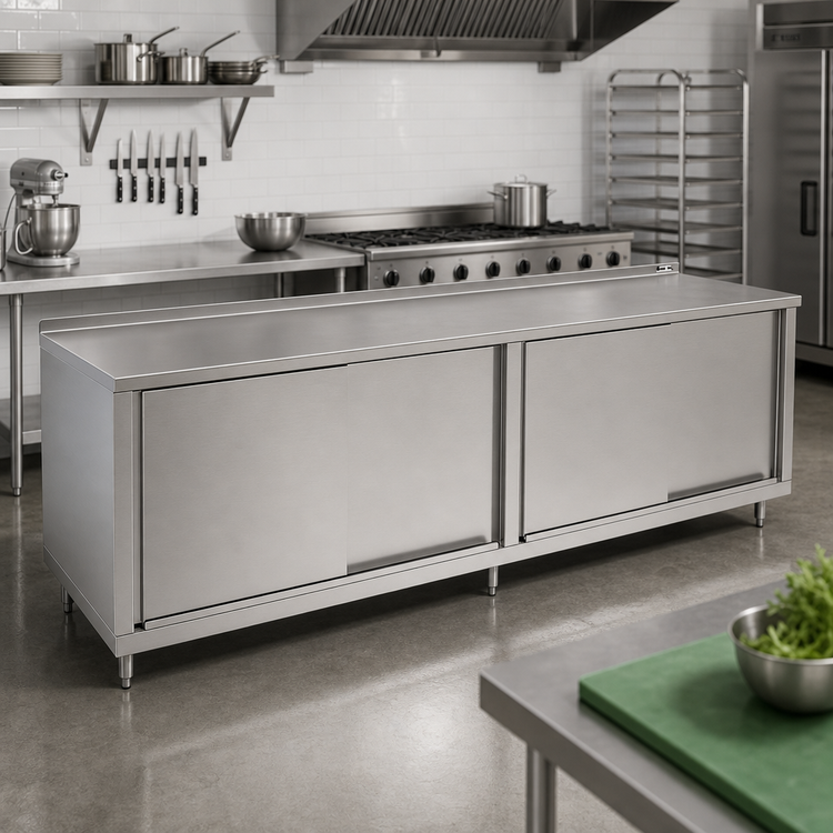 Product image #2 for John Boos 120"W x 36"D Stainless Steel Enclosed Work Table with Sliding Doors and 1-1/2" Rear Riser