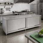 Thumbnail image #2 for John Boos 4CS4R1.5-36120 120"W x 36"D Stainless Steel Enclosed Work Table with Sliding Doors, 14-Gauge 300-Series Top, 1-1/2" Riser