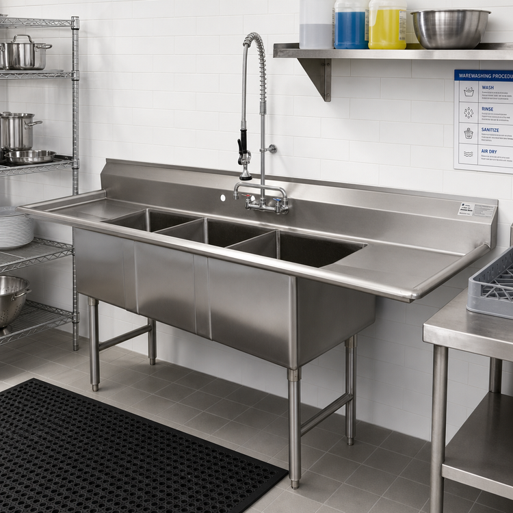 Product image #2 for Advance Tabco Special Value 3-Compartment Fabricated Sink with Left and Right Drainboards, 18 x 18 x 14 Inch Bowls