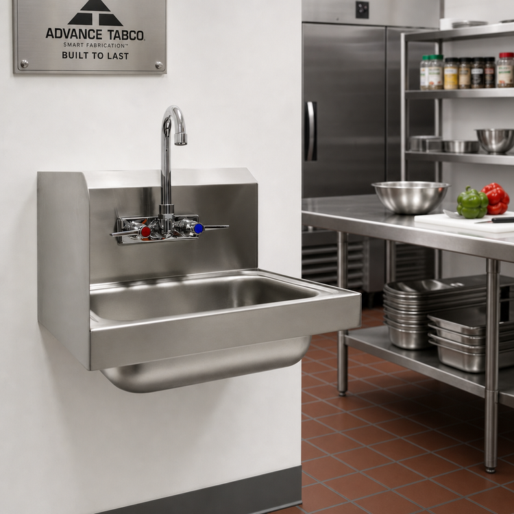 Product image #2 for Advance Tabco Wall Mounted 304 Stainless Steel Hand Sink with Left Side Splash and Faucet, 14 x 10 x 5-Inch Bowl