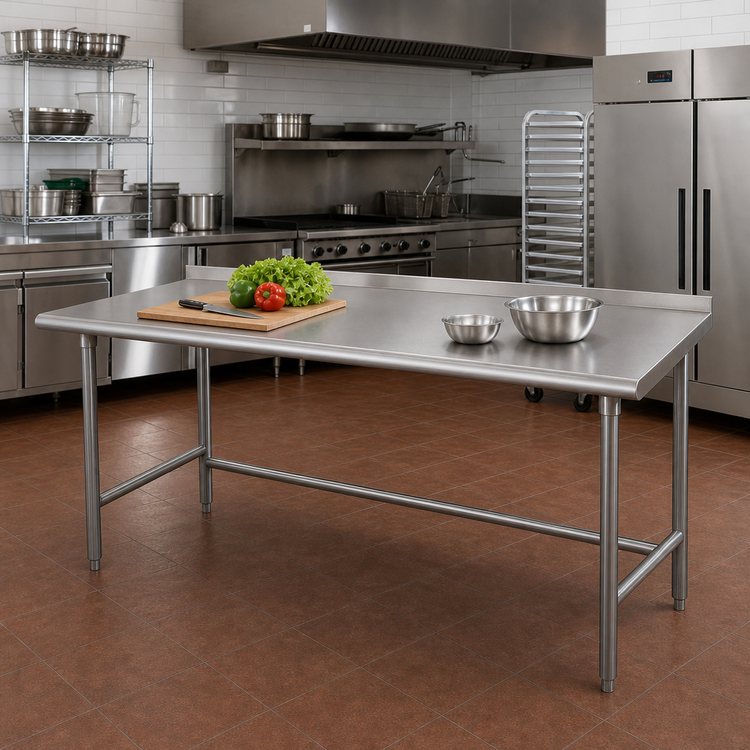 Product image #2 for Advance Tabco TSFG-3010 120-Inch x 30-Inch Open Base Stainless Steel Work Table with 16-Gauge 430 Top and 1-1/2-Inch Rear Backsplash