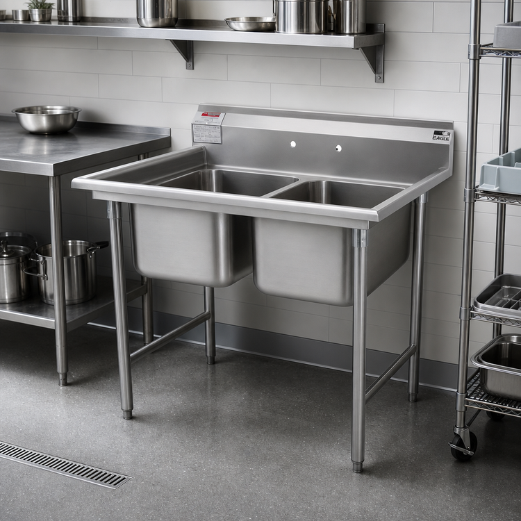 Product image #2 for Eagle Group 414 Series Two-Compartment Sink with Legs and 9-1/2 Inch Backsplash, 45-1/2 x 31-1/4 Inches
