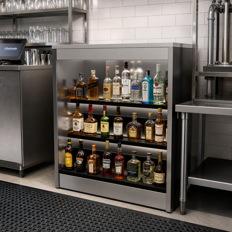 Product image #2 for Glastender 30-Inch Open Front Back Bar Liquor Display Cabinet with 3-Step ABS Shelves and LED Lighting