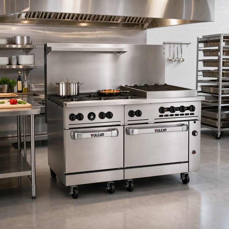 Product image #2 for Vulcan Endurance 60-Inch Natural Gas Commercial Gas Restaurant Range with 6 Open Burners, 24-Inch Charbroiler, Standard Oven and Convection Oven