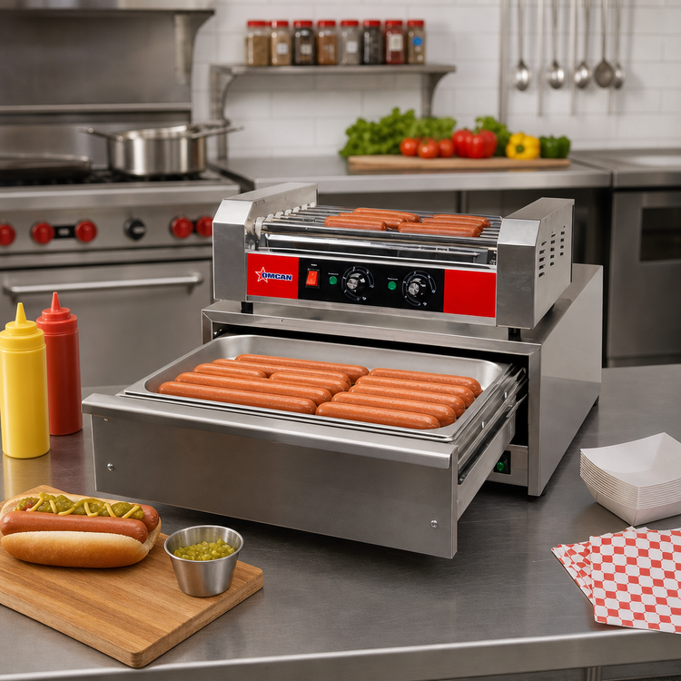 Product image #2 for Omcan Countertop Electric Hot Dog Roller Grill with 7 Stainless Steel Rollers, 2 Zones, 10-19 Hot Dog Capacity