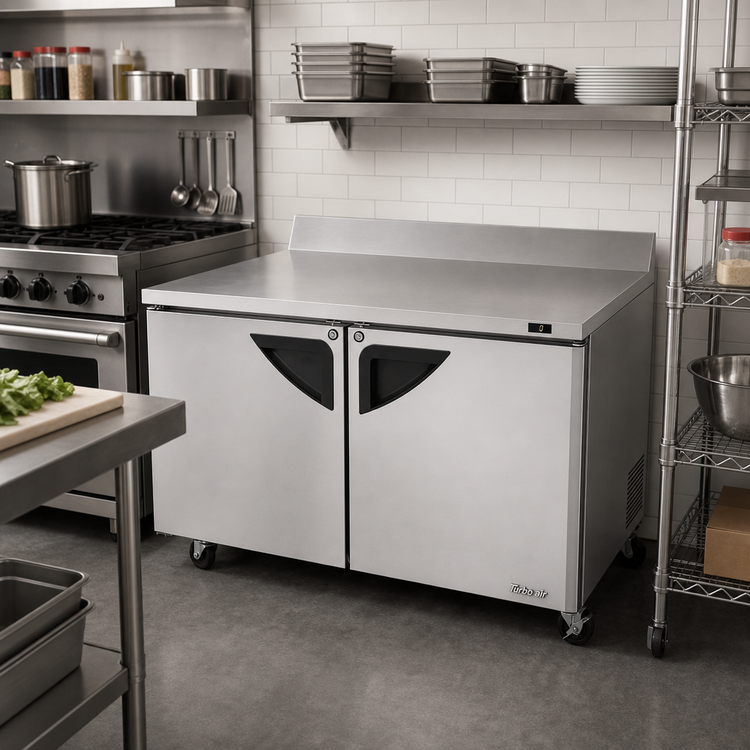 Product image #2 for Turbo Air Super Deluxe 60-Inch 2-Section Worktop Freezer, 16 Cu. Ft., Stainless Steel, Rear-Mounted Self-Contained Refrigeration