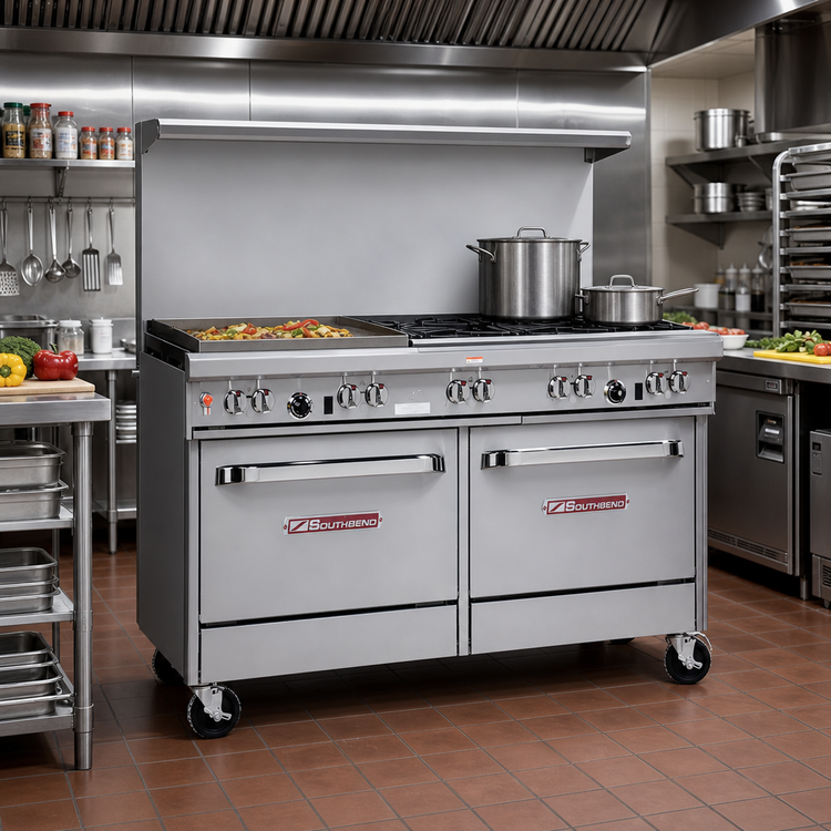Product image #2 for Ultimate 60-Inch Gas Restaurant Range with 3 Star/Sauté Burners, 2 Pyromax Burners, 24-Inch Griddle, and 2 Cabinets