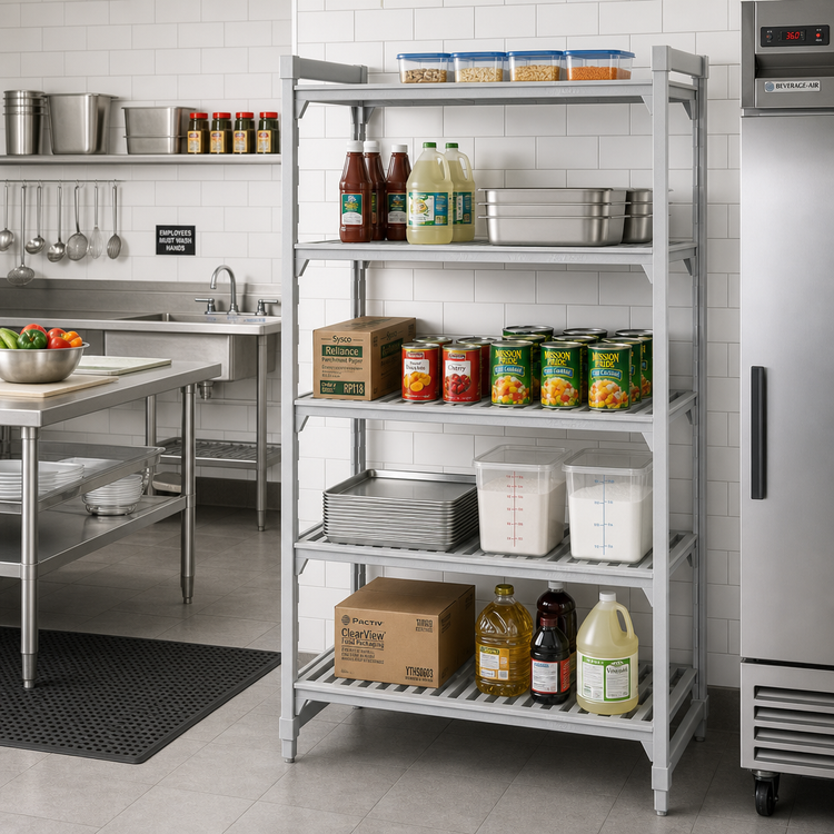 Product image #3 for Cambro Camshelving Premium 21 in. D x 36 in. L x 84 in. H 5-Tier Vented Stationary Starter Shelving Unit, Speckled Gray