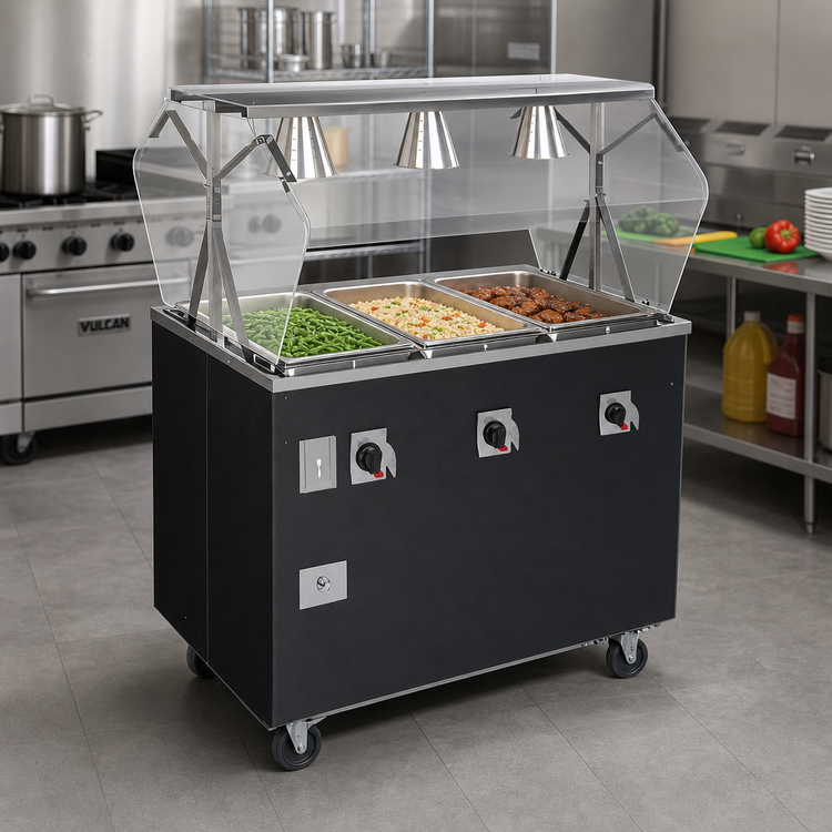 Product image #2 for Vollrath 2-Series Affordable Portable 3-Well Mobile Hot Food Station with Buffet Breath Guard and Lights, Enclosed Storage Base, Granite