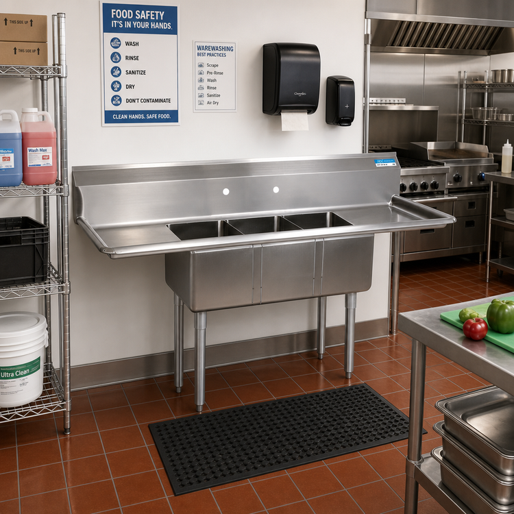 Product image #2 for BK Resources 66-Inch Three-Compartment Convenience Store Sink with Left and Right Drainboards and 9-Inch Backsplash