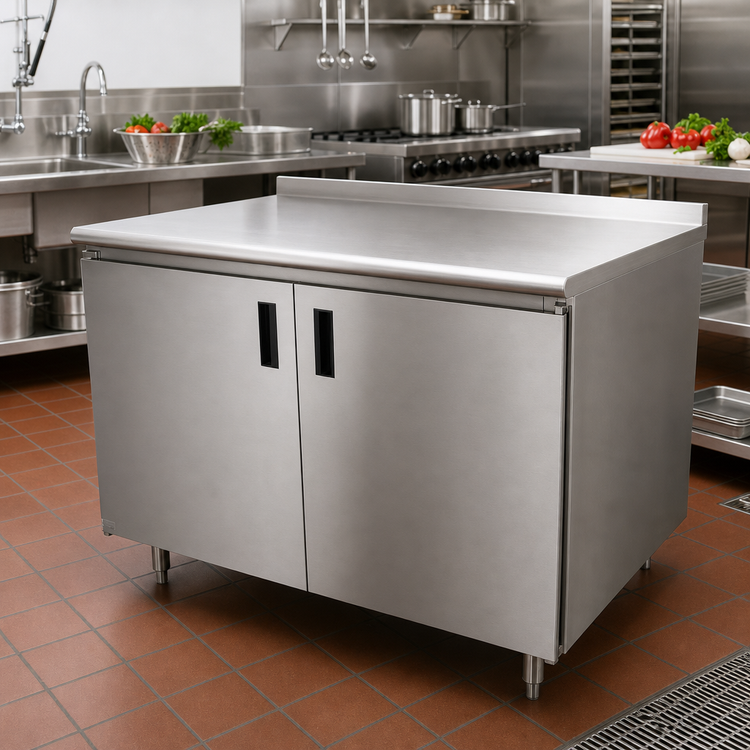 Product image #2 for Advance Tabco HF-SS-245 Enclosed Stainless Steel Work Table with Cabinet Base and Hinged Doors, 60 x 24 Inches, 14-Gauge 304 Top