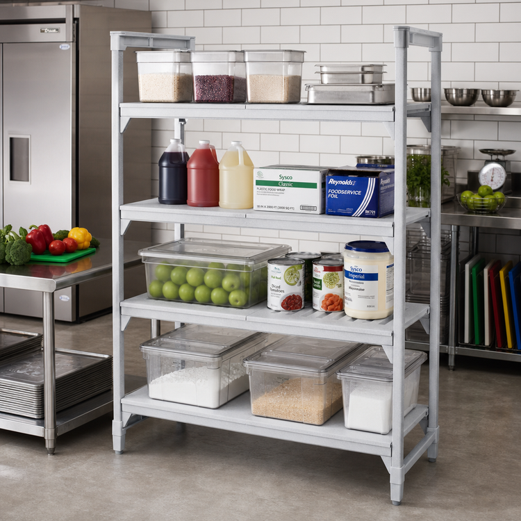 Product image #3 for Cambro Camshelving Premium 18 x 72 Inch 4-Shelf Vented and Solid Polymer Shelf Kit, Speckled Gray