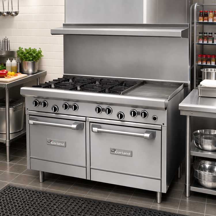 Product image #2 for Garland US Range U-Series 48-Inch Natural Gas Restaurant Range with 4 Open Burners, 24-Inch Griddle, and 2 Space-Saver Ovens