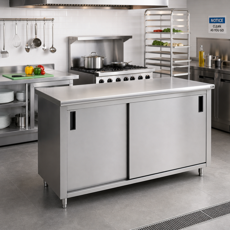 Product image #2 for Advance Tabco Special Value Economy Enclosed Work Table with Cabinet Base and Sliding Doors, 96 x 30 Inches, 16 Gauge 304 Stainless Steel Top