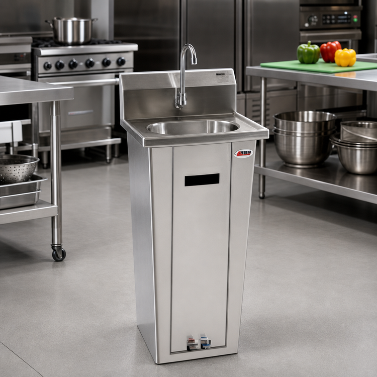 Product image #2 for Eagle Group Pedestal-Mounted Foot-Operated Hand Sink with 13-1/2" x 9-3/4" Bowl, 304 Stainless Steel, and Gooseneck Spout