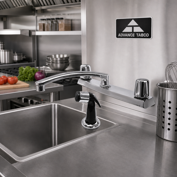 Product image #2 for Advance Tabco Heavy Duty Deck-Mounted Commercial Faucet with 8-Inch Swing Spout and Side Spray