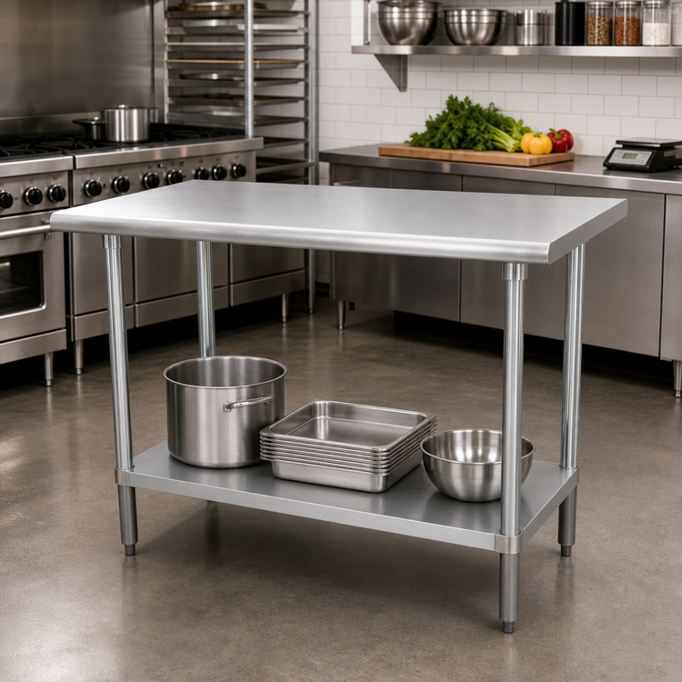 Product image #2 for 48 Inch x 36 Inch Flat Top Stainless Steel Work Table with Adjustable Undershelf and 16-Gauge 304 Top
