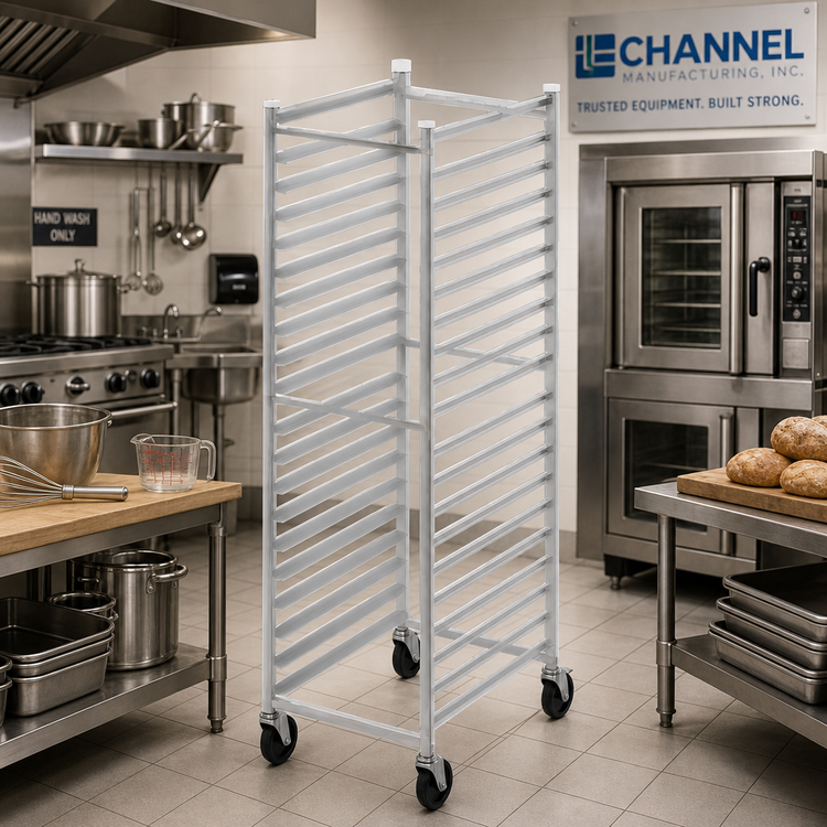 Product image #2 for Channel Manufacturing Mobile Knock Down Aluminum End-Load Bun Pan Rack, 18-Pan Capacity, 20.5 x 26 x 62.25 Inches