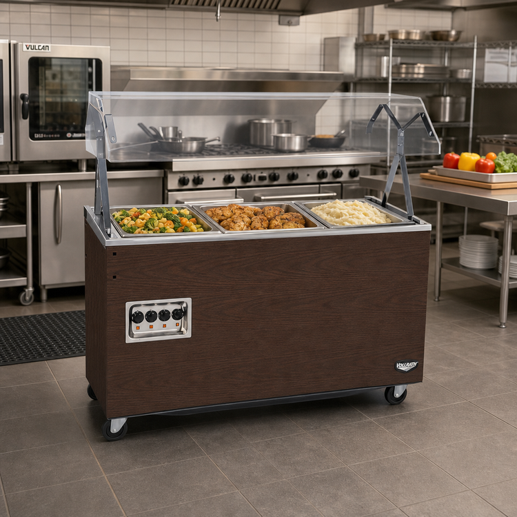 Product image #2 for Vollrath 2-Series Affordable Portable 3-Well Mobile Hot Food Station with Buffet Breath Guard and Enclosed Storage Base, Walnut Woodgrain