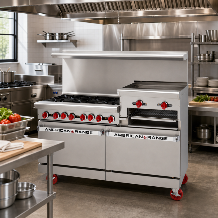 Product image #2 for American Range 72-Inch Gas Restaurant Range with 8 Open Burners, 24-Inch Griddle/Broiler, Convection Oven and Storage Base