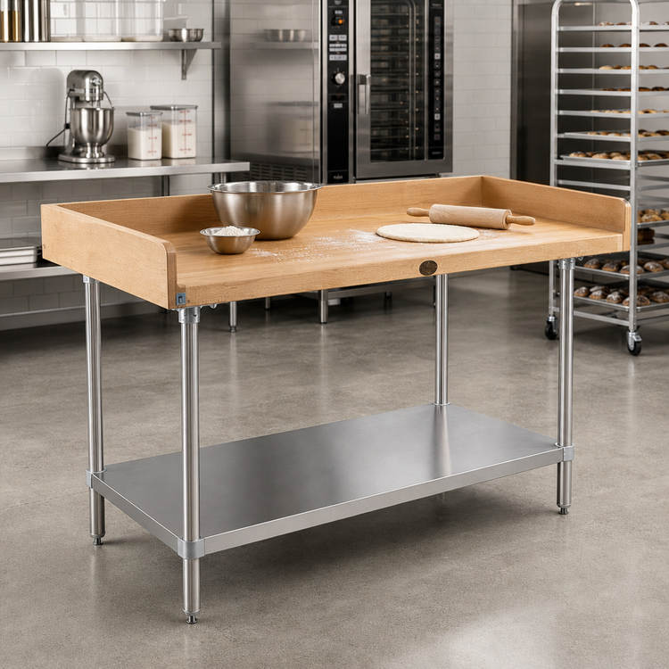 Product image #2 for Advance Tabco 60" x 30" Wood Top Bakers' Table with 1-3/4" Thick Top, 4" Rear and Side Splashes, and Stainless Steel Undershelf