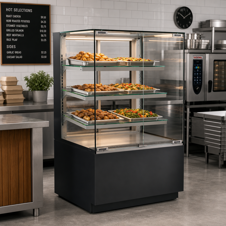 Product image #2 for Reveal® Freestanding Heated Self-Service Hot Food Display Case with 3 Adjustable Glass Shelves, 48-Inch