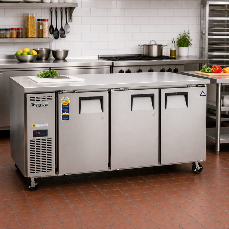 Product image #2 for Everest Refrigeration ETF3 3-Section Undercounter/Worktop Freezer with Stainless Steel Worktop and Doors