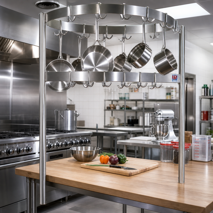 Product image #2 for John Boos 79-1/4-Inch Boat-Shaped Table-Mounted Stainless Steel Pot Rack with 21 Double Hooks