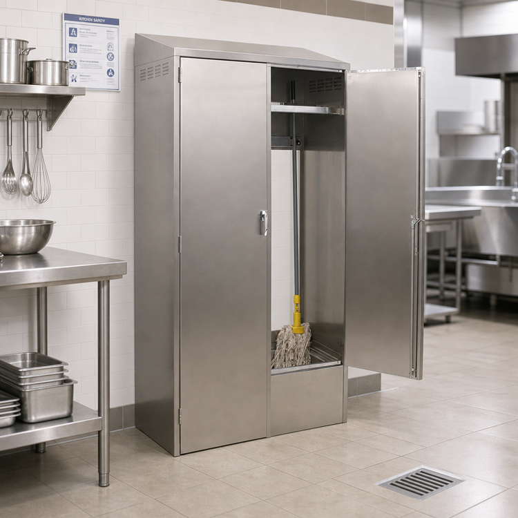 Product image #2 for Eagle Group Double-Width Stainless Steel Mop Sink Cabinet with Slanted Top, 8-Inch Deep Sink, and Shelves