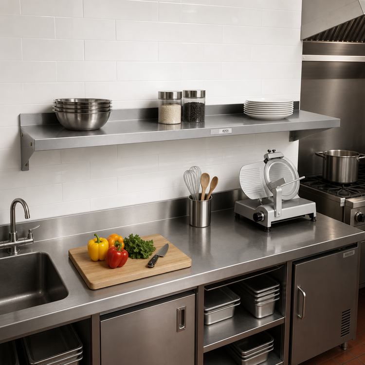 Product image #2 for John Boos Stallion 96 Inch Wall-Mounted 430 Stainless Steel Wall Shelf with Safety Edge Front