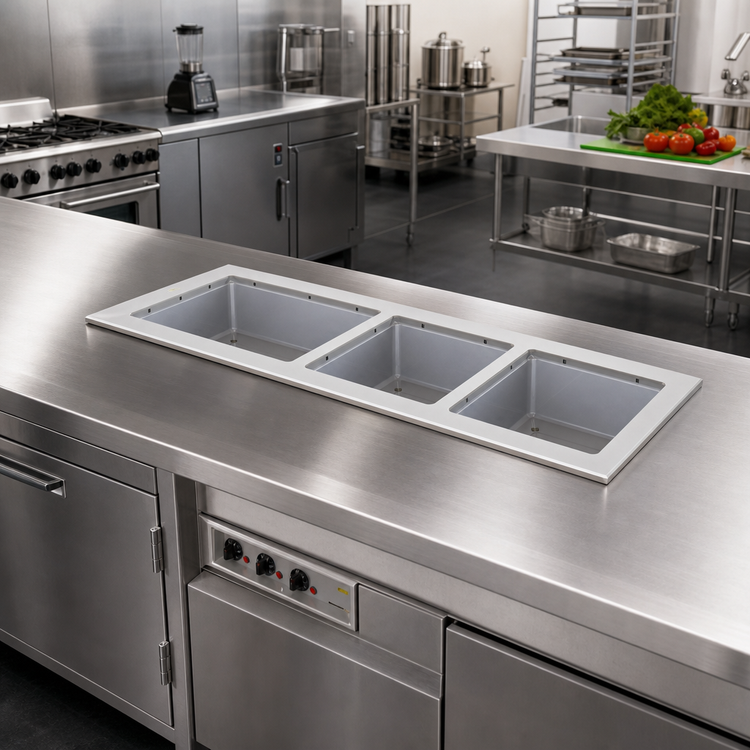 Product image #2 for Vollrath Short-Side 3-Pan Marine Grade Drop-In Hot Well with Thermostatic Controls, Standard Drain, 208-240V