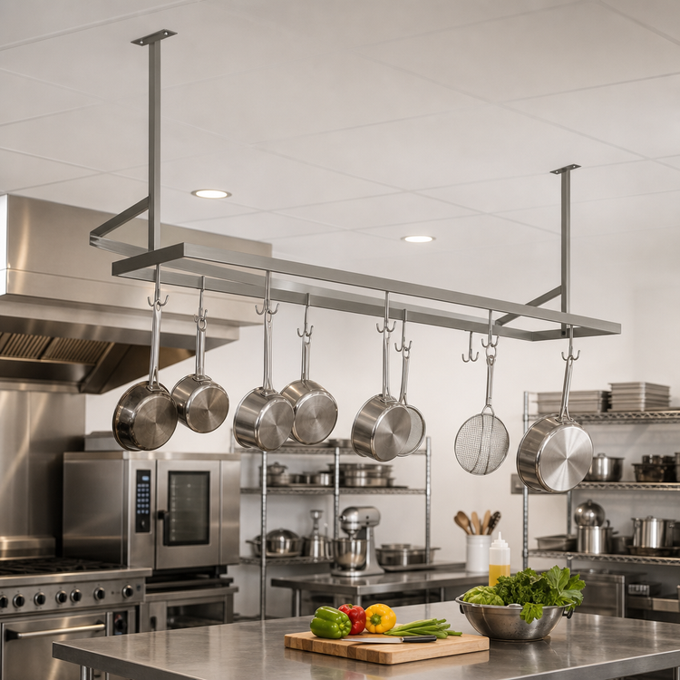 Product image #2 for John Boos Ceiling-Mounted Double-Bar Stainless Steel Pot Rack with 8 Double Hooks