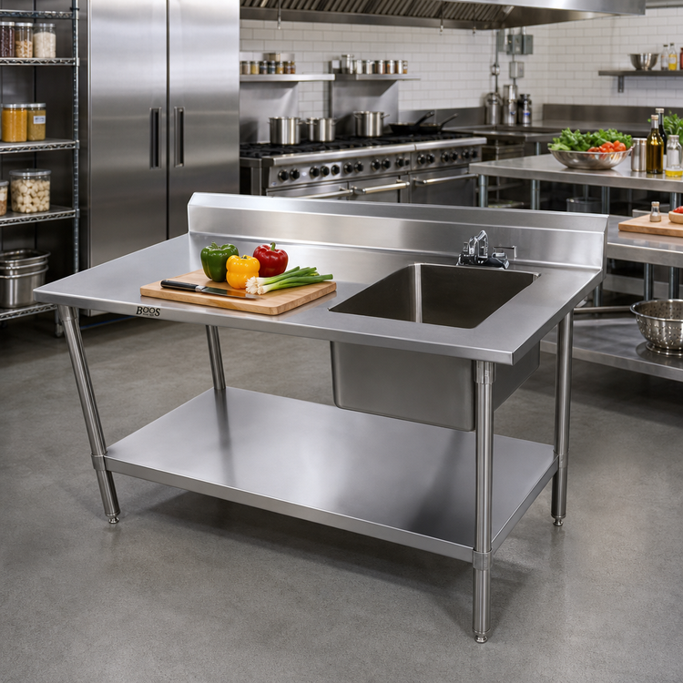 Product image #2 for John Boos Stainless Steel Prep Table with Right Sink, 48"W x 30"D, 5" Backsplash