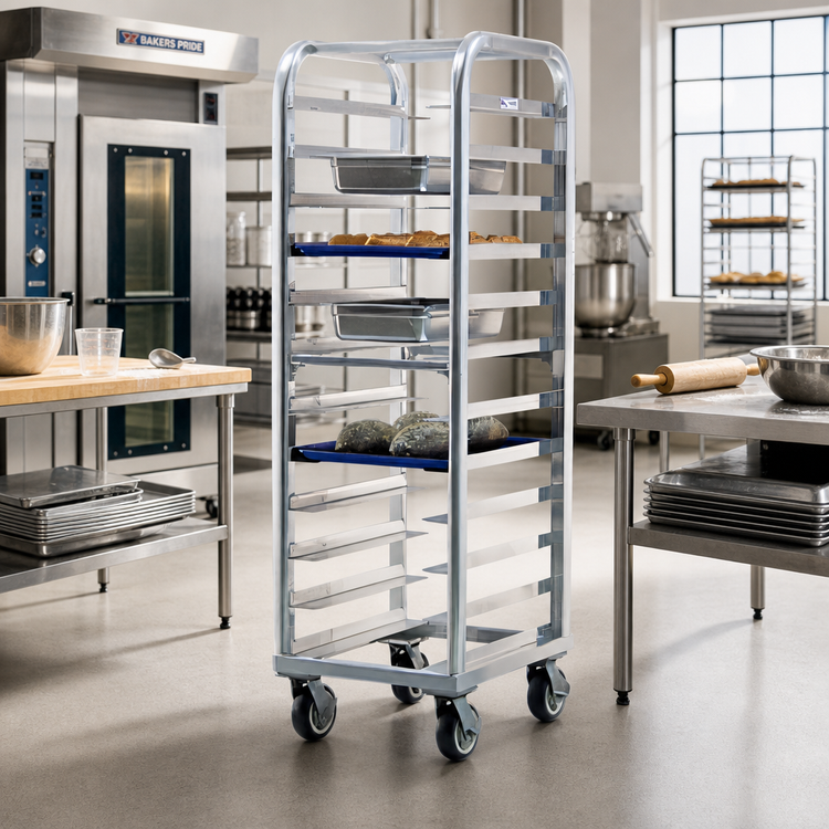 Product image #2 for New Age Lifetime Series Heavy-Duty Wide-Angle Aluminum Bun Pan Rack, 12-Slide, 73-Inch High