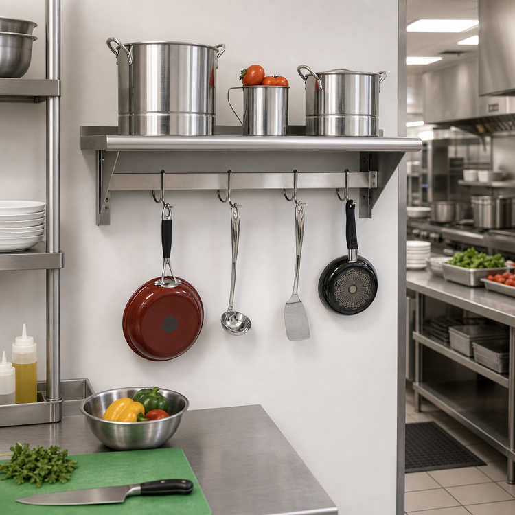 Product image #2 for Advance Tabco Wall-Mounted Shelf with Pot Rack, 60 W x 18 D, 18-Gauge 430 Stainless Steel, 9 Hooks