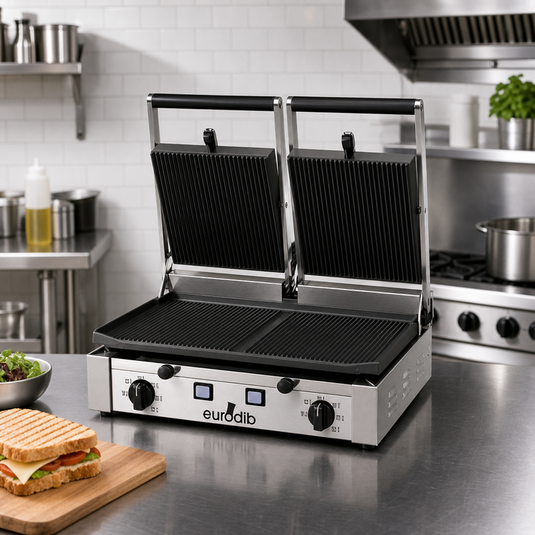 Product image #2 for Eurodib Double Countertop Panini Grill with Ribbed Cast Iron Plates, 208-240V