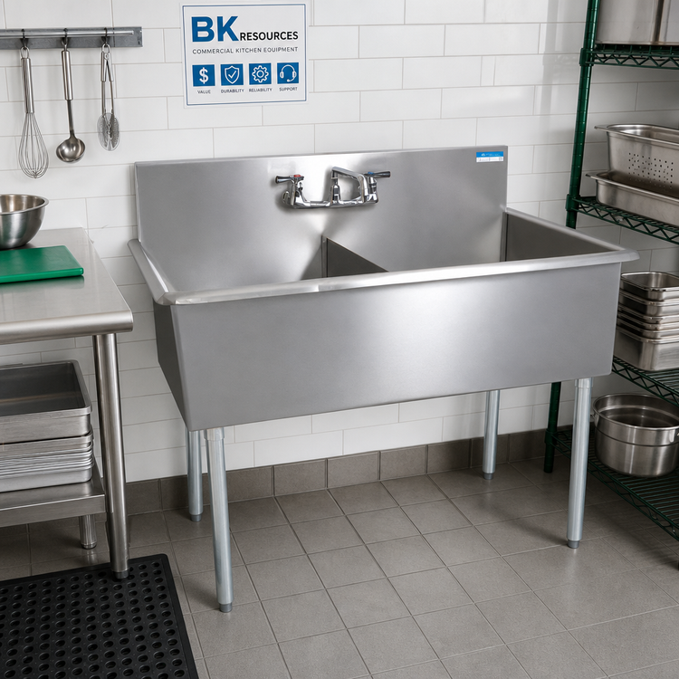 Product image #2 for BK Resources Two-Compartment Commercial Budget Sink with 24" x 24" x 12" Bowls, 8" Backsplash, and Galvanized Legs