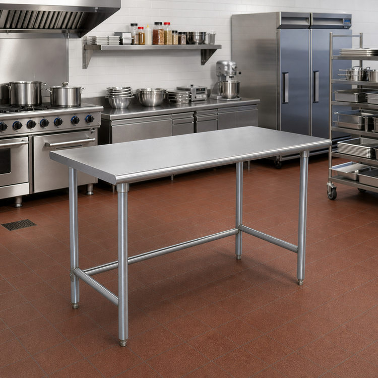 Product image #2 for Advance Tabco 60" x 30" 14-Gauge 304 Stainless Steel Flat Top Open Base Work Table with Galvanized Legs