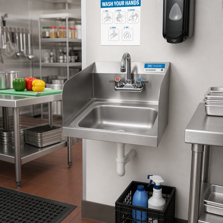 Product image #2 for BK Resources 14" x 10" Wall Mount Hand Sink Package with Lead-Free Faucet, Dual Side Splashes, and Marine Edge