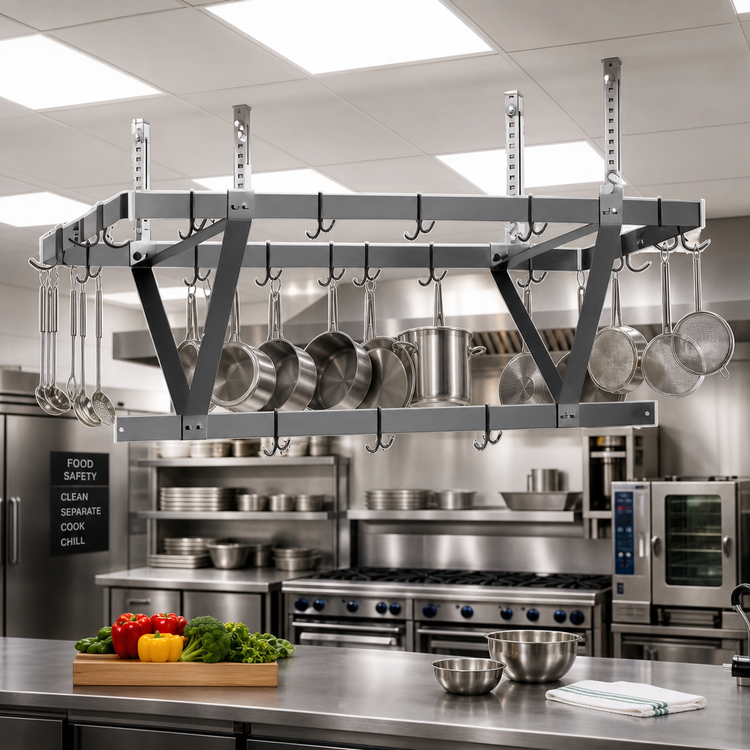 Product image #2 for Eagle Group CM108APR 100-Inch Ceiling-Mounted Triple-Bar Aluminum Pot Rack with 27 Double-Pronged Hooks