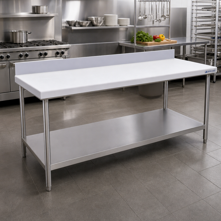 Product image #2 for Advance Tabco Poly-Vance 84 Inch x 24 Inch Poly Top Work Table with Stainless Steel Undershelf and 6 Inch Backsplash